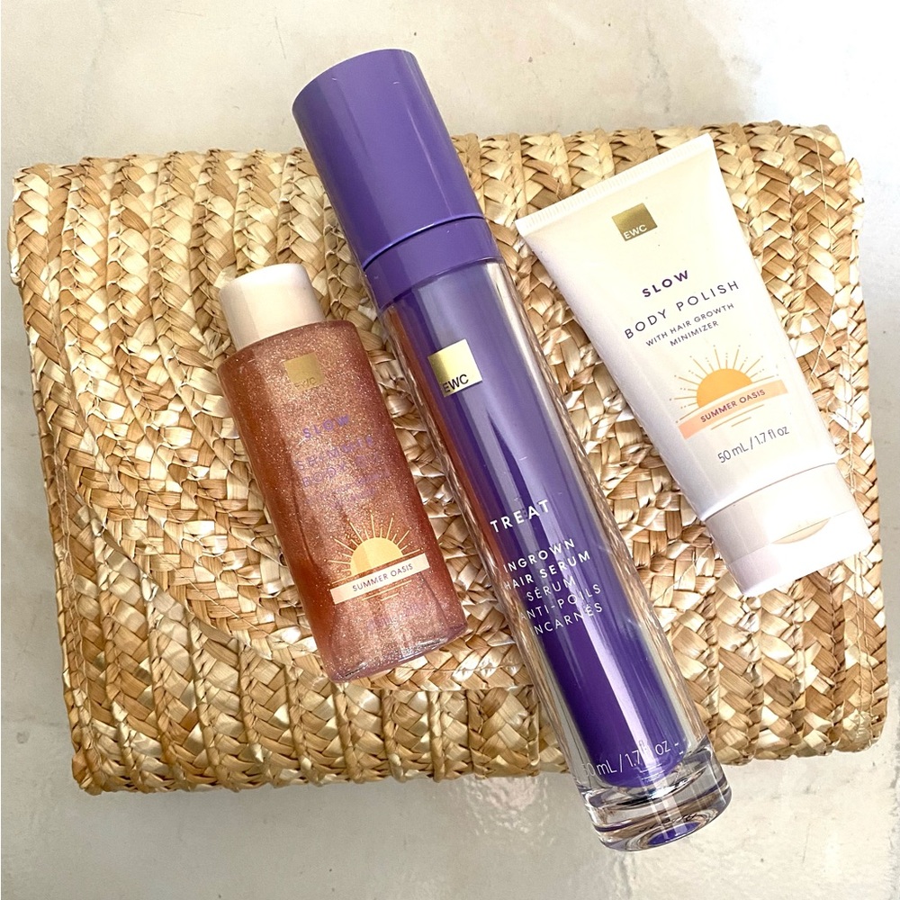 EWC Ingrown Hair serum, Body Polish, Shimmer Oil Set in Straw Clutch